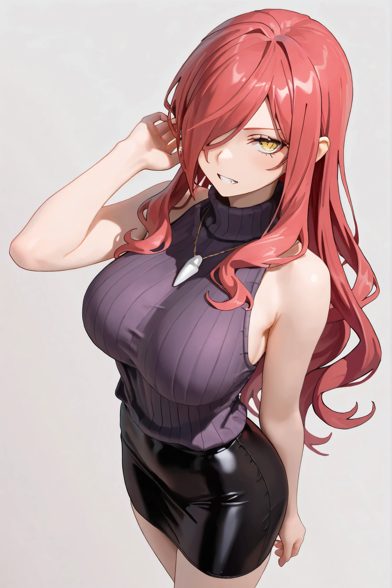 (Uhd, Masterpiece, Textured Skin, Super Detail, High Details, High Quality, Best Quality), Detailed Face, 1woman, mature pretty woman, Long red hair, (black sweater), (black pants), (Huge Body:1.5, tall), standing