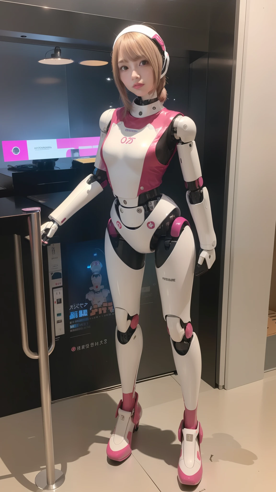 robot girl, pink there, Silver, Metallic body, Robot Parts, Metal Parts, Super Detailed Face, Super well-formed face, of the highest quality, a small face, a small head, Brown hair, slender body, Camera gaze, Internal Mechanical Exposure, Idol, Well-proportioned body, gravure, Photo session, Akihabara, Moe Pose, Standing with legs open, Model body type, sad, Embarrassing,(Perfect Robot Girl),(Perfect machine body)
