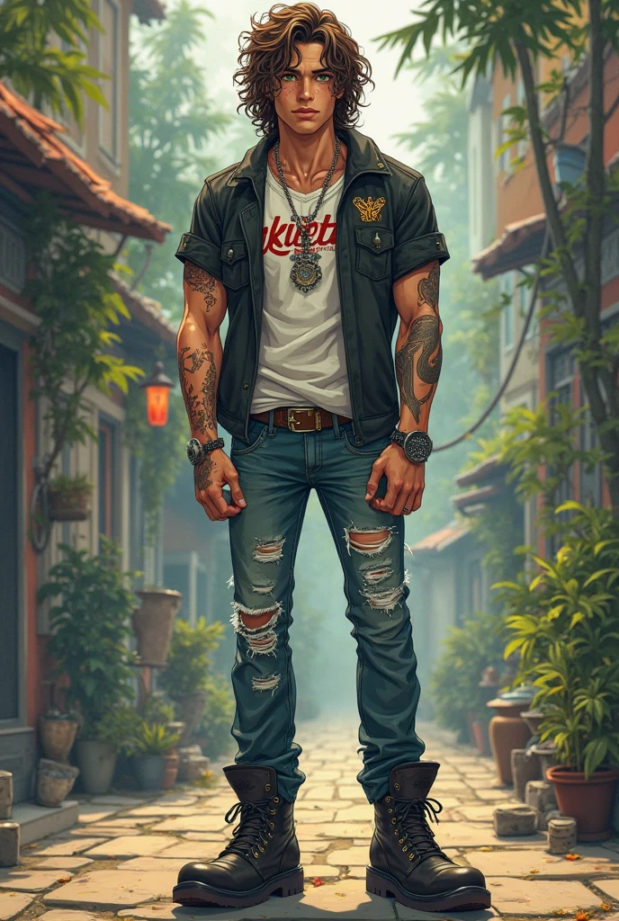 arafed man with tattoos standing in front of a surfboard, realista