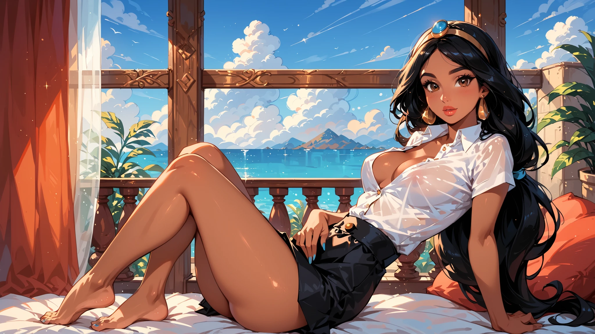 Dark Fantasy Art of score_9, score_8_up, score_7_up, rating_questionable, lighting, epiCPhoto 1girl, solo, very sexy (Jasmine from Aladdin , black hair ,brown eyes , brown skin, black mini skirt, white button-down shirt, (top buttons on shirt undone) (exposed cleavage) ((standing on balcony)) ,((Los Angeles view in the background)), long legs, blue sandels, round butt, thicc, (solo), cute, flirt, gaze, sexy look, head tilt, filled lips, thick lips, modelling shoot, sexy pose, dark, moody, NSFW, facing viewer, same eye colour, (detail on girl) (detail on girl's face) (focus on face), ((close up)), ((seductive angle)), (exposed stomach), (((cowboy shot))), ((focus on ass)), (fat ass), (bubble butt)