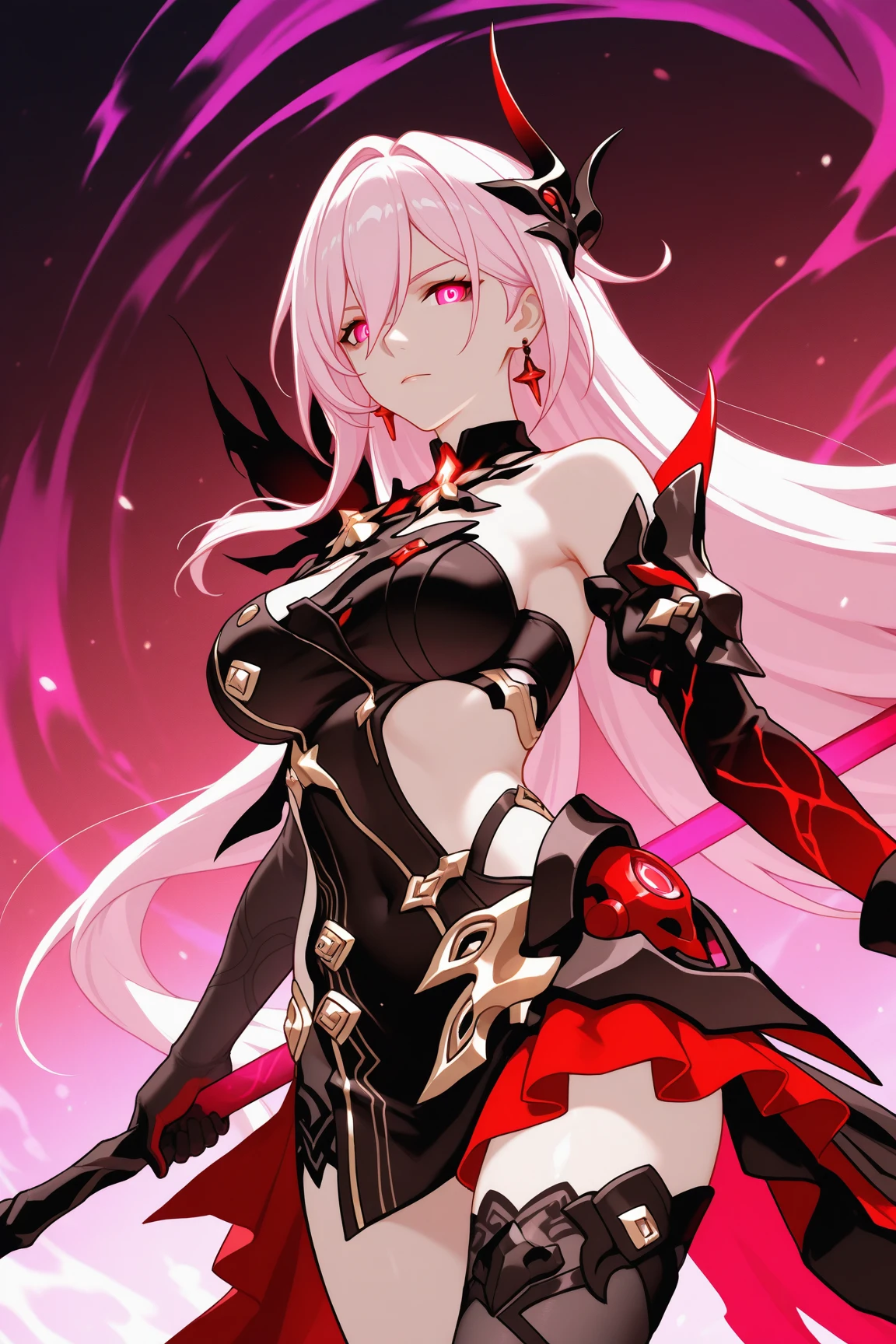 gorgeous and beautiful fantasy elf woman, solo female, black armor, pale purple skin, short white hair, red eyes, frowning, ultraviolent woman, broad shoulders, evil expression, ultra detail, masterpiece.