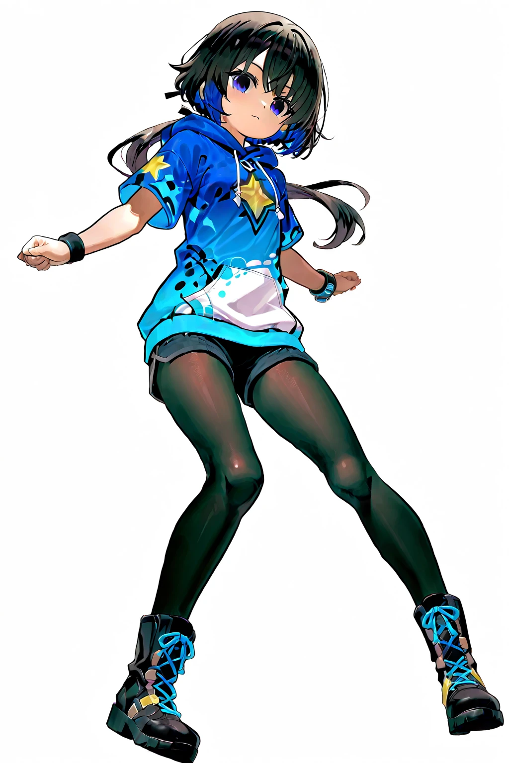 A girl with short dark blue valas, in a pale blue robe with horns on the galava, with black eyes, in a green skirt with white stockings with a deman ponytail with a pale red tie and gaming headphones on the neck of a light blue color