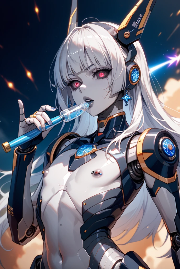 top-quality、Top image quality、masterpiece、girl with((White suit、glowing mechanic suit、18year old、teen ager、cute little、Best Bust、big bast,Beautiful shining purple eyes、Breasts wide open, a blond、Longhaire、A slender,Large valleys、belligerent movements,sharp claws、sniper rifles、head phone、black bright wings、fighting poses、being filmed、splatters、Feeling of sprinting)),hiquality、Beautiful Art、Background with((Space Battlefield)))、Depth(planet earth),masutepiece、depth of fields,Cinematic style