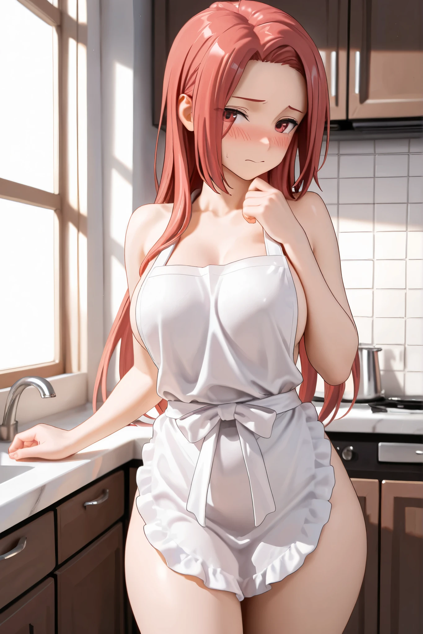 (Best quality:1.3), braided hair, adult, (naked:1.3), (apron), large breasts, thighs, smiling, cafe background, (blushing:1.3), (front view),embarrassed