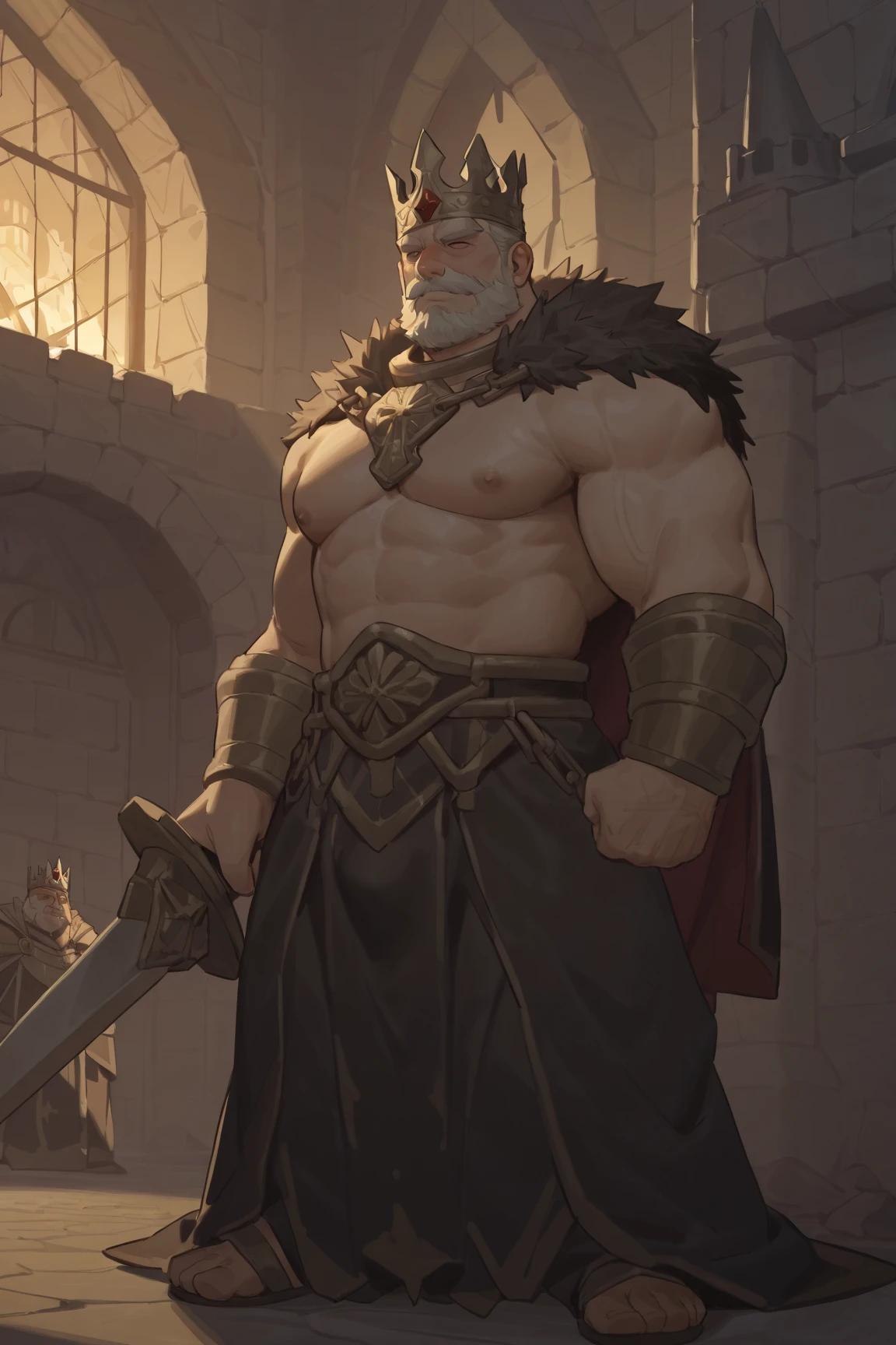 burly virile hairy werelion, in a suit of armor, a himbo muscle daddy, middle-aged dilf, hirsute, overmuscular and musclebound, bulging veiny muscles, a warrior's build, a bodybuilder's physique, long bushy and a thick mustache, a square jaw, handsome and dreamy, grey hair, a knight clad in full armor