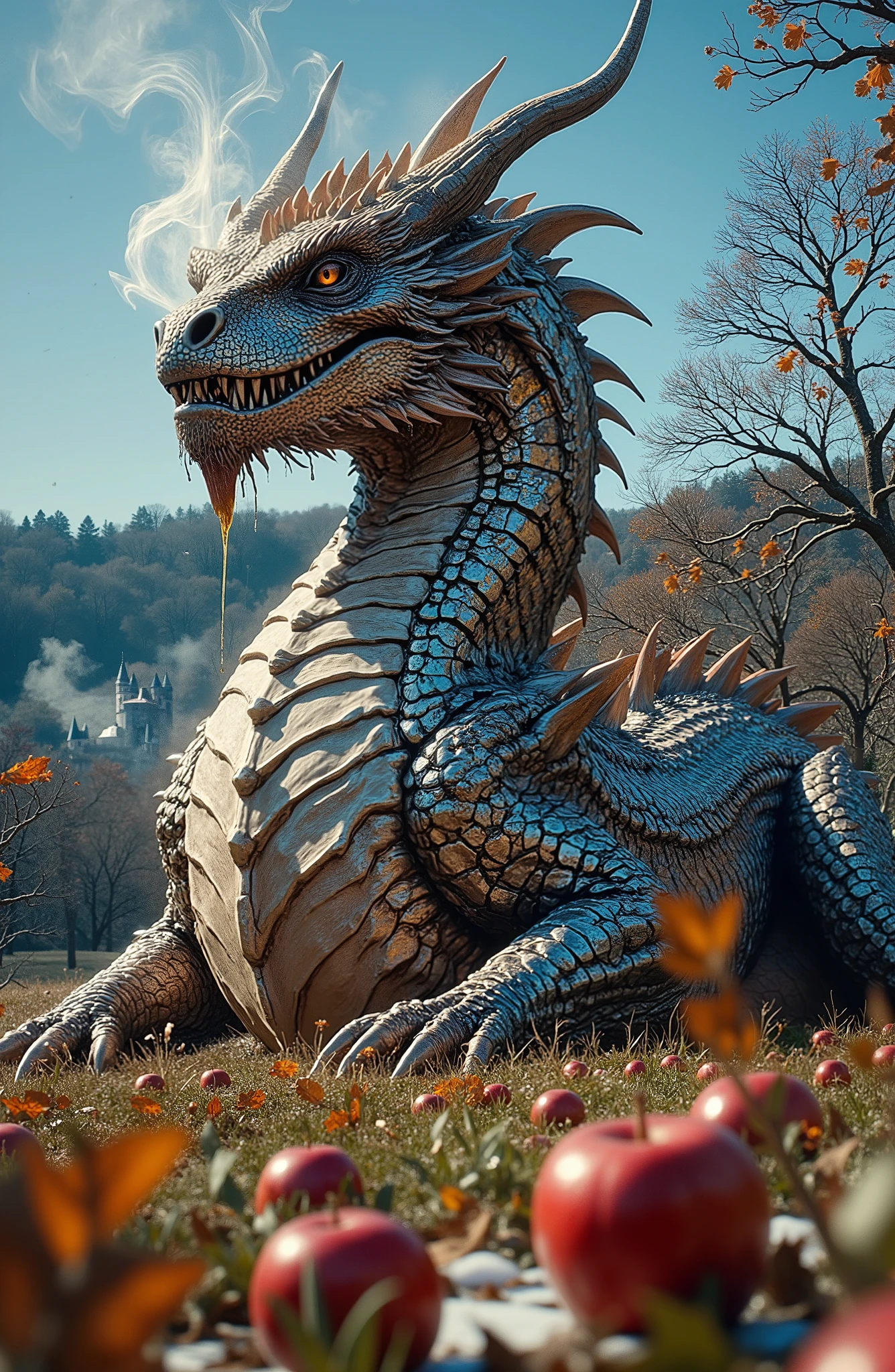 Low angle, looking vertically up at the figure of the huge final antagonist in full growth — a huge terrifyingly beautiful fantastic dragon covered with iridescent mirrored holographic scales, brightly shimmering in the sun. He is depicted in an orchard in late autumn. A drunken, satisfied dragon eats frozen red apples. Steam billows from the nostrils of a terrifying huge dragon. The dragon's transparent, serpentine amber eyes are narrowed with pleasure. Apple juice flows down his huge muzzle. The toothy mouth is full of apples. Apples are all around. On the half-fallen branches of old gnarled apple trees, on the frozen grass, sometimes covered with snow. The monster is as relaxed as possible and ready to fall asleep. The huge fantastic dragon looks both organic and delightfully predatory: a long, curved head with moist, smooth, shimmering scales. The body is elongated, with powerful, thick-clawed paws. The back is covered with spikes or tubular processes that emit steam. Webbed mother-of-pearl wings flutter in the strong autumn wind. The background is a beautiful autumn garden. Wooded hills and a knight's castle are visible in the distance. The sky is bluish-blue, autumnal, and autumn leaves are flying everywhere. The lighting is natural: Backlit, with side lighting. Dynamics: A long scaly tail curled in rings, a hint of movement. Style: cinematic, fantasy, stylized. detailed design. Stylized, semi-realistic, highly detailed digital art