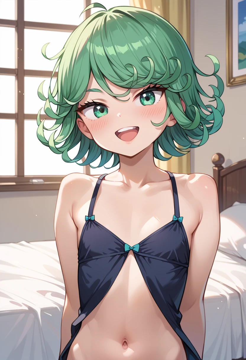 ((8k, Highest quality, masterpiece: 1.3)),Ultra-high resolution,(1 girl, alone), (Color changing eyes, Ultra-detailed, Expressive brilliance, Glitter, Glowing Eyes), Highly detailed eyes, Highly detailed face, Random Hair, ((pastel colour)),Inside her stylishly decorated bedroom, a young woman with pastel green hair in a loose bun is seen wearing a deep red bikini. The room is dimly lit by a warm bedside lamp. She stands near her bed, her back arched slightly as she leans forward with both hands resting on the mattress. The camera captures her from behind, focusing on the elegant curve of her hips and her alluring