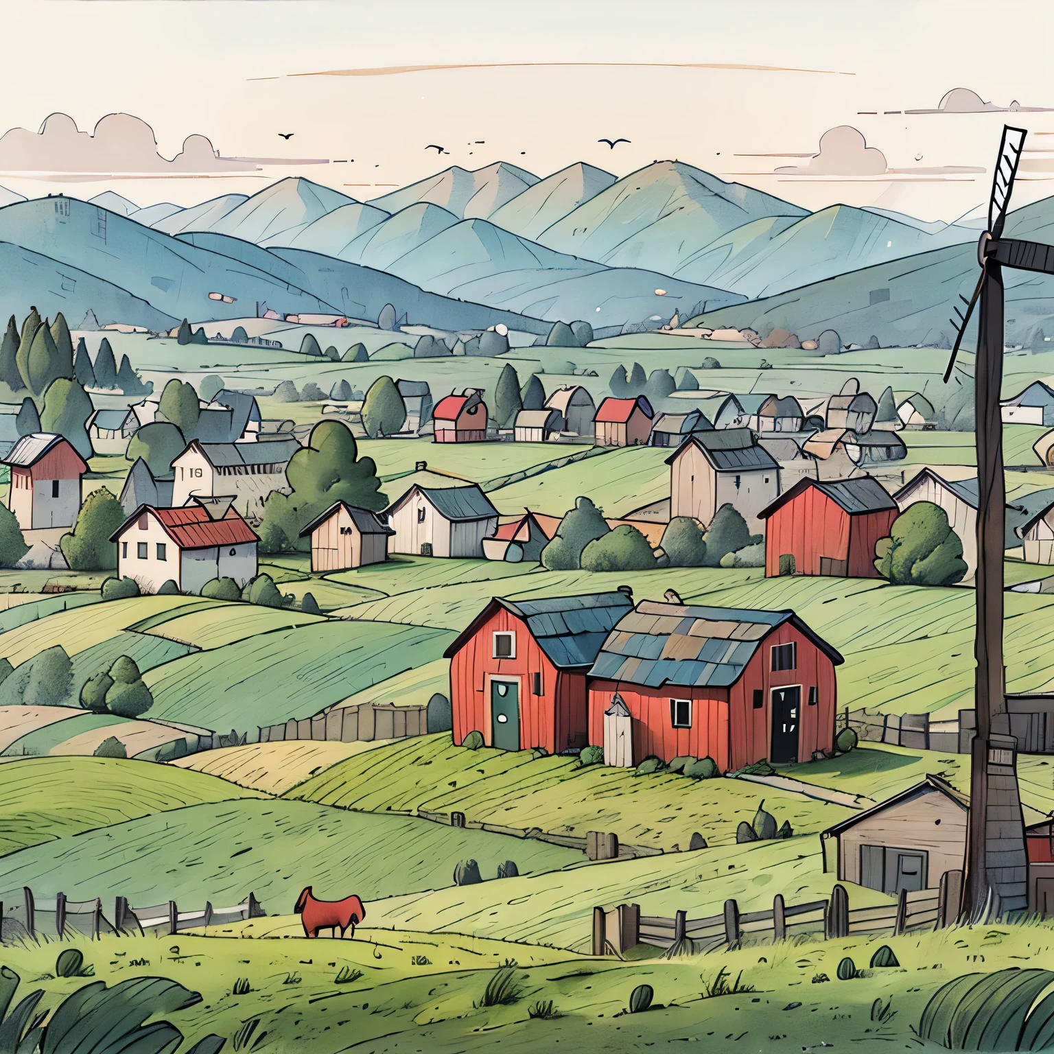 Farm panorama, barn,Fence,Windmill,Distant Hills/Mountains,Sunset