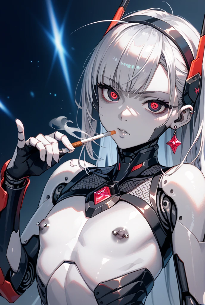 Hews style, score_9, score_8_up, score_7_up, score_6_up, uncensored, zentreya, zencyber, short hair, white hair, hair ornament, yellow eyes, slit pupils, naughty face, shiny skin, sweating, steaming body, happy, heavy breathing, detailed body, detailed eyes, BREAK (masterpiece:1.2), best quality, high resolution, unity 8k wallpaper, (illustration:0.8), (beautiful detailed eyes:1.3), extremely detailed face, perfect lighting, extremely detailed CG, (perfect hands, perfect anatomy), hearts, pleasured, Expressiveh, 1girl, rating:safe, solo, jewelry, earrings, covered navel, red lips, breasts, looking_at_viewer, navel_cutout, holding smoke,