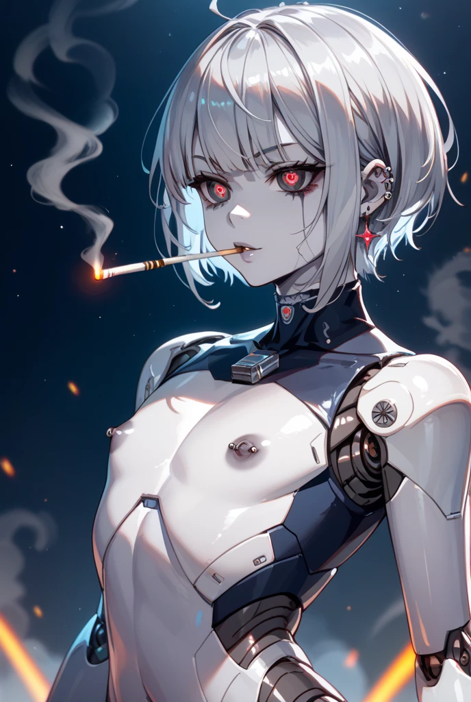 (lifelike, high - resolution:1.3), 1 girl with a perfect body,slender body, Super fine face and eyes,assasin, dark makeup, shiny skin,white hair,((torn and ripped jungle clothes underneath lab coat), Expose cleavage, extravagant makeup, pink eyeshadow, dark makeup shocked expression, pointing gun, action pose, extravagant makeup, leopard print, lab coat, savage lands, feral lands