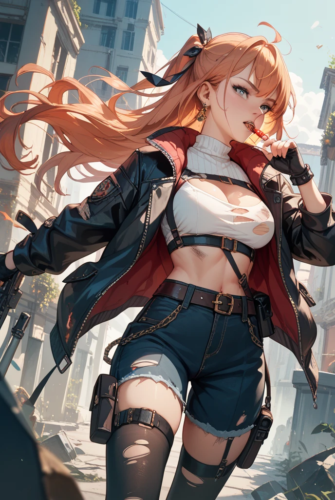 最high quality、Best image quality、masterpiece、girl((Age 25、 By becoming、Best Bust、Medium Bust,Wide open breast tea、Red glowing eyes,Blonde、Red Mesh、Disheveled Hair、Lointail、thin,The highest valley、Open chest、Luminous Wristbands、hair ornaments、Show the whole body,Black tank top、Red Bandana、Shortuscular、revolver、scar、Military Cap、Shooting Pose、Full body scar、Fighting Pose)),high quality、Beautiful art、background((Photography room))、Flight、Flying debris、Written boundary depth、movie、Visual Arts、Perfect art、8K,Genuine,