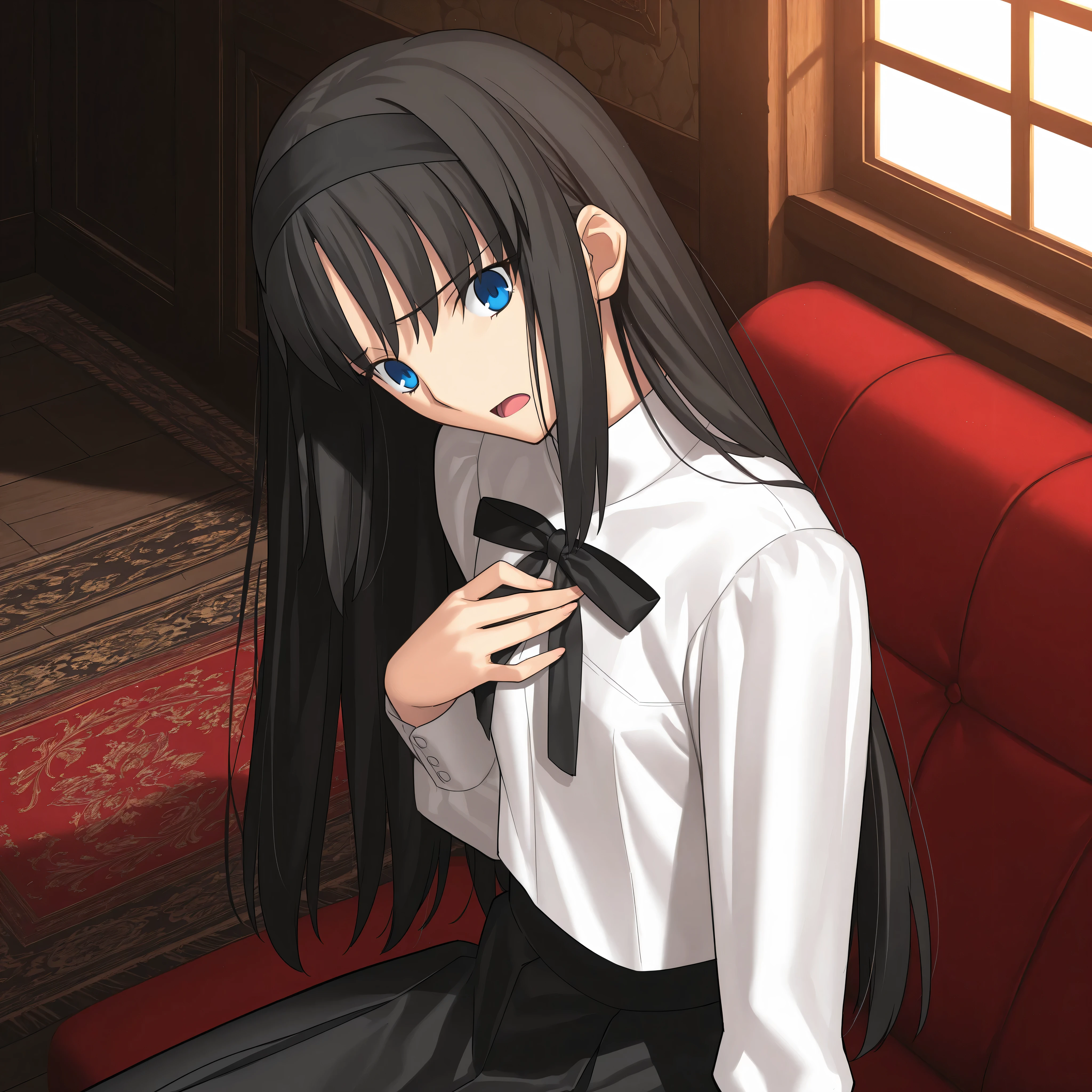 masterpiece, , absurdres, highres, detailed background, high resolution, masterpiece, necessary, detail, best quality, quality, necessary, details, High details, Precise, indoors, medieval interior, gothic, from side, from above, close up,
1girl, , Takeuchi Takashi (type-moon,tsukihime) style, takeuchi takashi style, (aged up:1.5), sitting, ((head tilt)), hand on chest, worried,
tall girl, mature, Akiha_Tohno, (tsukihime), black hair, bangs, long hair, blue eyes, wide eyed, ,black headband, straight hair, tsurime, ,,
(white shirt, black long skirt), black ribbon, (small breasts, flat chest), ,light open mouth, looking at viewer, ,