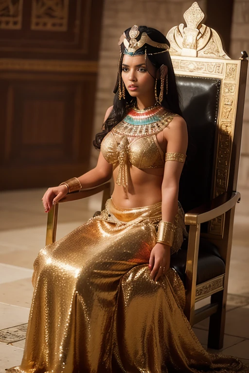 Close up shot , looking at viewer, Cleopatra queen 7 of Egypt in a ancient Egyptian palace, 15 BC, 30age old, (light brown hair, wince, half-closed Brown eyes, beautiful lip, serious), (Egyptian gold crown with
gold sneak , earrings, gold neckless), (big breasts, slender whist, wide hip) (Egyptian clothes ,wear, sandal),holding one kingdom wand, sitting , gorgeous kingdom chair, chair side, 1 male is standing , son of Cleopatra queen 7 ,(textured skin , HI detailed skin, foreshortening, Canon, 8k, anatomically correct, super detail, high details, highness)