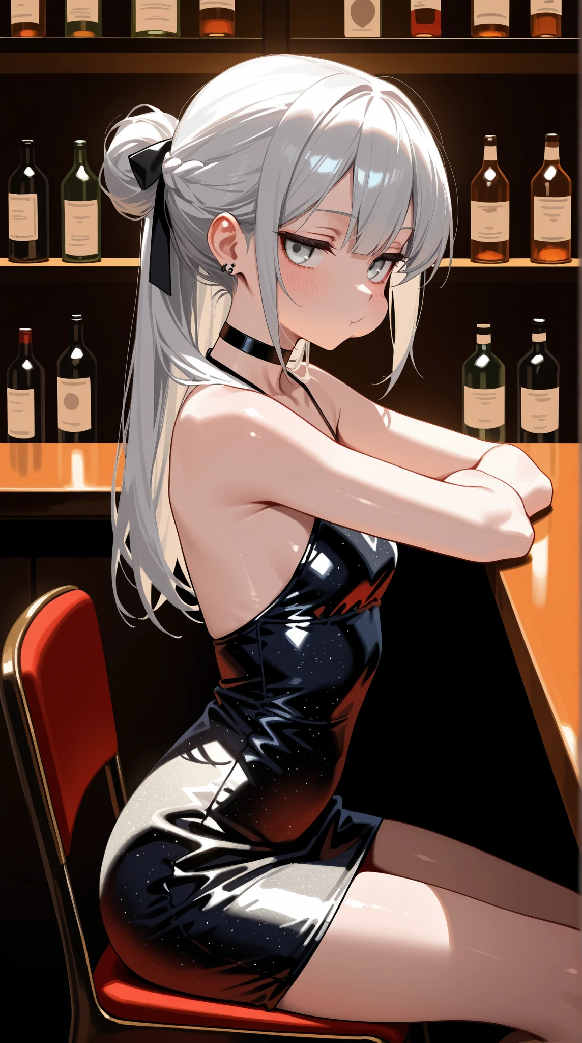 14 year old slutty girl in a tight dress in a club with a glass of wine, cheerful,