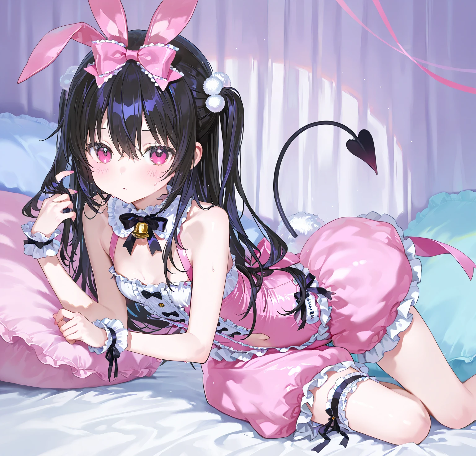 Hands behind back,Bind both hands,lick,open mouth,tongue out,cum on tongue,1girl,(((((12-year-old girl))))),(((((Short,))))),slender,small breasts ,front face,from front,front view,looking at viewer, looking ahead,from above,cowboy shot,Black Hair,Twin tails,Gray Eyes,Drooping eyes,slit pupils,narrow eyes.Mischievous smile,Sheer black and toffee pink negligee,Sexy Lingerie,Kneeling,Straight Stand,Collar with leash,Dimly lit room,On the bed,Simple Background,Gray background,Dim lighting,Beautiful and detailed anime art
