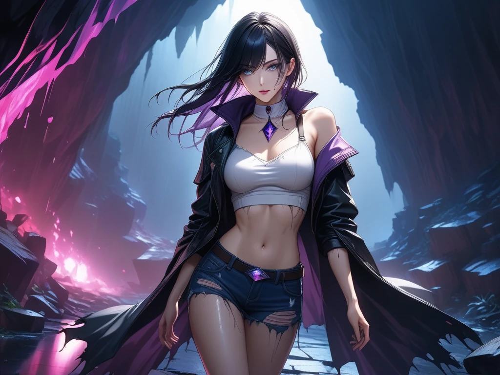 (16k, masterpiece, best quality), ultra-detailed, detailed beautiful round eyes, beautifully detailed face, high quality, high resolution, goddess, perfect face, perfect body, (massive breast), ((nighttime)), mature women, cinematic light, fantasy, sexy goth pixie wears a bikini and torn fullbody transparent cloths coat, choker, forest plants with purple neon details, tiny purple glowing butterfly, animals in background, torn mini skirt, dark, light reflection, perfect anatomy, looking into the distance