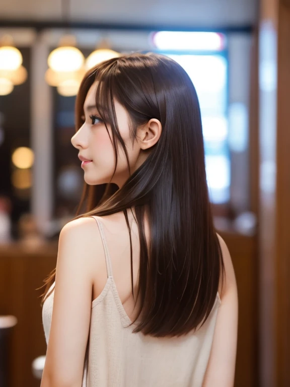 Woman with long hair facing backwards、shiny hair、Woman with beautiful hair、Beautiful brown hair

