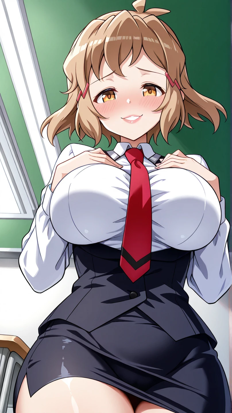 anime style, (1boy), POV, hetero, vaginal , girl on top, cowgirl position, straddling, narusawaryouka, best quality, high resolution, 1woman, mature female, milf, curvy, (gigantic breasts:1.2), red tie, plaid skirt, (vulgarity:1.4), (blush:1.2), happy, smile, (trembling, motion line:1.2), (sweat), bed room