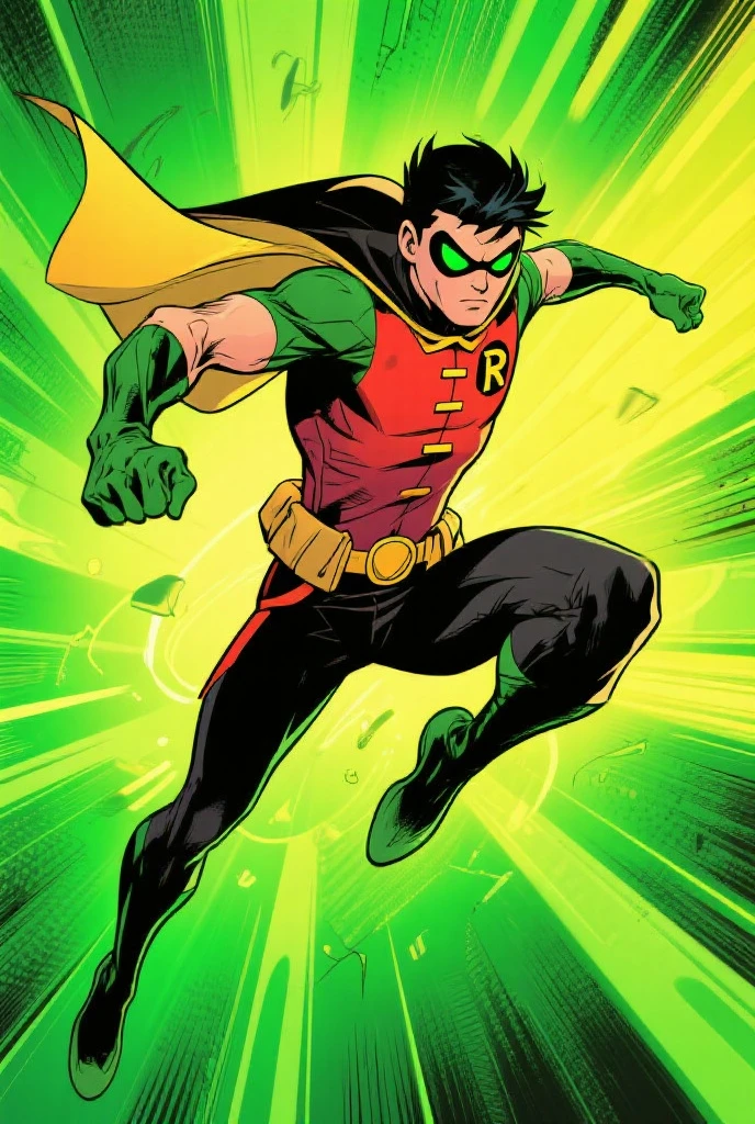 1male , Adult Male , Black Hair ,Modern Undercut Hair , Curly Hair , Calm Expression , Green Eyes , Neon Green Domino Mask , Black Bodysuit , Green Bird Symbol on chest , Yellow Utility Belt , Modern City Background , Muscular
