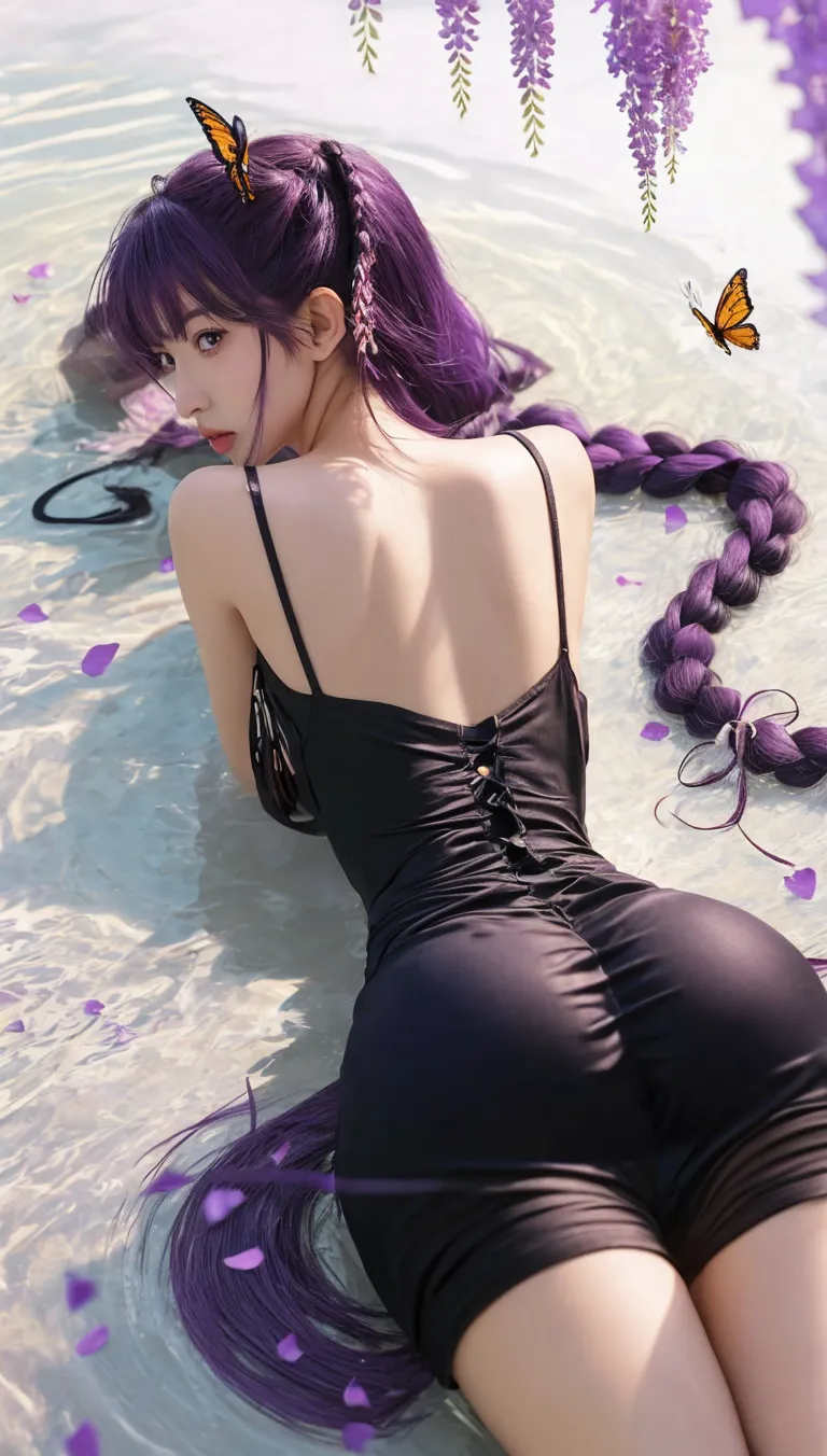 A sultry shot of a Japanese goddess, donning a stunning blue dress that hugs her curvy figure. Her 'oppai' is prominently displayed, as she strikes a seductive pose with one leg bent and the other straight. Soft, smooth lighting accentuates her thicc physique, while her anime-style hair cascades down her back like a golden waterfall. In the background, a subtle gradient of blues and purples evokes a sense of mystery, as if she's beckoning viewers to join her in an underwater realm. The overall aesthetic is reminiscent of Azur Lane and Girls Frontline, with vibrant colors and exaggerated proportions that would make any anime fan swoon.