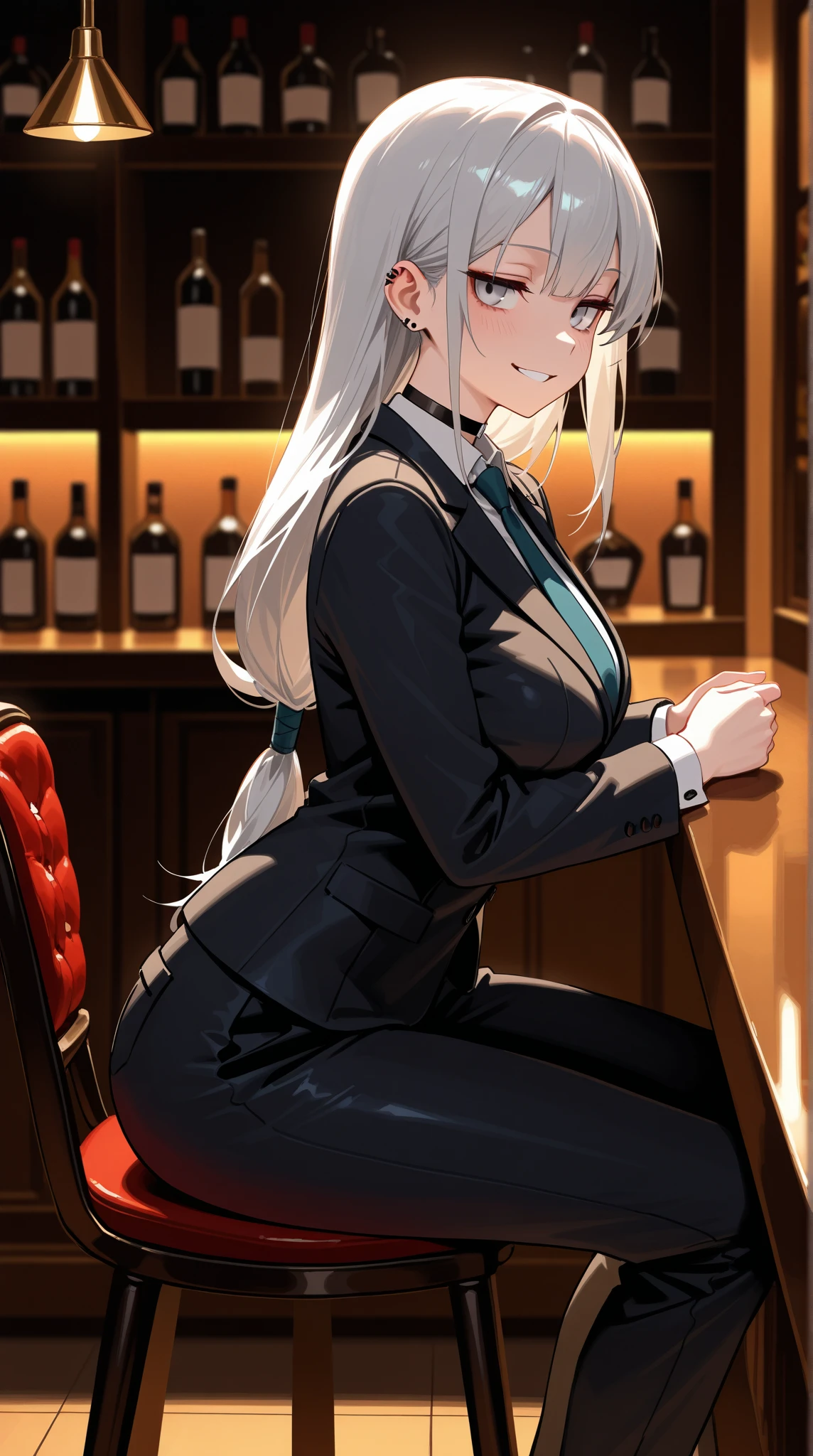 (alexia midgar), (faithfully), One gir, red eyes, long hair, very long hair, Silver hair,hair ribbon, sidelocks, (medium breastst), (black playboy bunny), (black fake rabbit ears), (black pantyhose), (black high-heels), standing, cowboy shot, spread legs, looking at viewer, indoor, bar