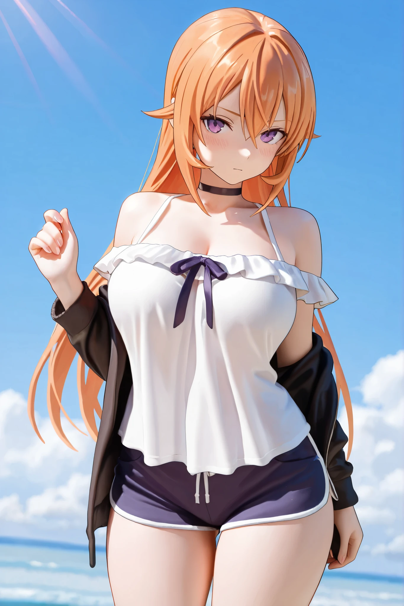 anime style, high view, pecorine, mature female, blue eyes, big chest, bikini, hair ornament, long hair, orange hair, tiara, braid, hair braid, standing, smile, hand back body, city, future city theme, Volumetric light, Volumetric particles,