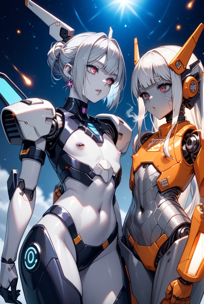 ((1 cyborg loli)),((different types of breasts, biomechanical breasts,((biomechanical pussy)),((giving a blowjob on a machine)),standing with raised high,((different types of hair short, red eyes)), a factory, at night,