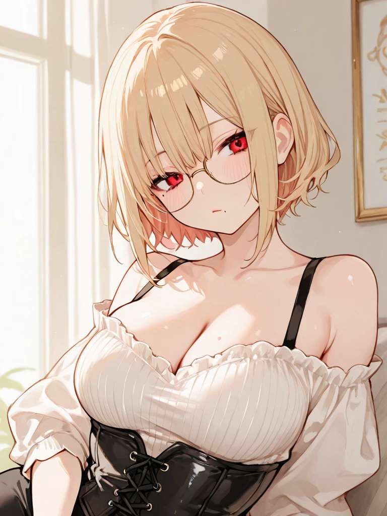 best quality, masterpiece, highres, solo, {nishikigi_chisato_lycorisrecoil:1.15}, short_hair, bangs, blonde_hair, red_eyes, hair_ribbon, bob_cut, 1girl, looking_at_viewer, parody, upper_body, bra, lingerie, panties, big boobs, cafe, nude, blush, ashamed, sad, standing, leaning forward