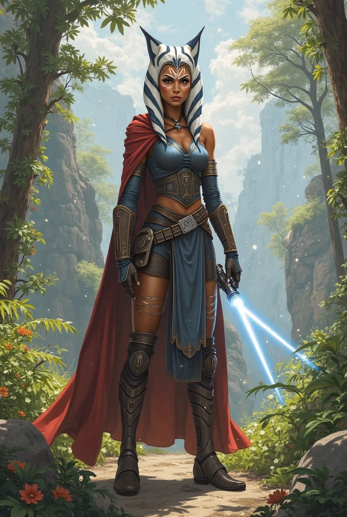 photorealistic, octane render, best quality, sharp focus, 8k, 4k, Masterpiece, Best Quality, realistic skin texture, extremely detailed, intricate, hyper detailed, illustration, soft lighting, high resolution, sharp detail, ahsoka tano, young, dark_ahsoka, sith, full body, evil, red lightsaber
with red visor,armor,black gloves,black bodysuit,cape, black pants,looking at viewer, standing, medium shot, hands on hips, outside, park, trees, winter, blue sky, high quality, masterpiece,