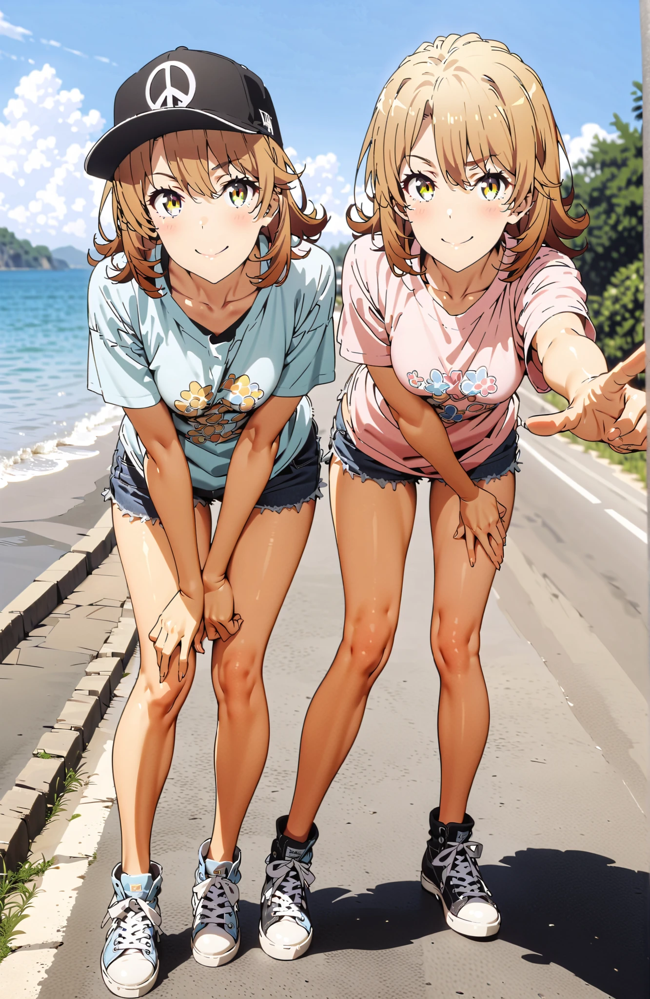 Iroha Isshiki,half up do,short hair,oversized t-shirt,denim micro shorts,Bare legs,sneakers,Baseball hats,standing,bending forward,peace sign,smile,blush,grinning,Beautiful Scenery,noon,summer,,in their 40s outdoors,Coastal Road,strand,
in their 40s looking at viewer,full body,
in their 40s (masterpiece:1.2), best quality, high resolution, Unity 8Kの壁紙, ( 's art :0.8), (beautiful detailed eyes:1.6), very detailed face, perfect lighting, Highly Detailed CG, (perfect hand in h, Completed),
