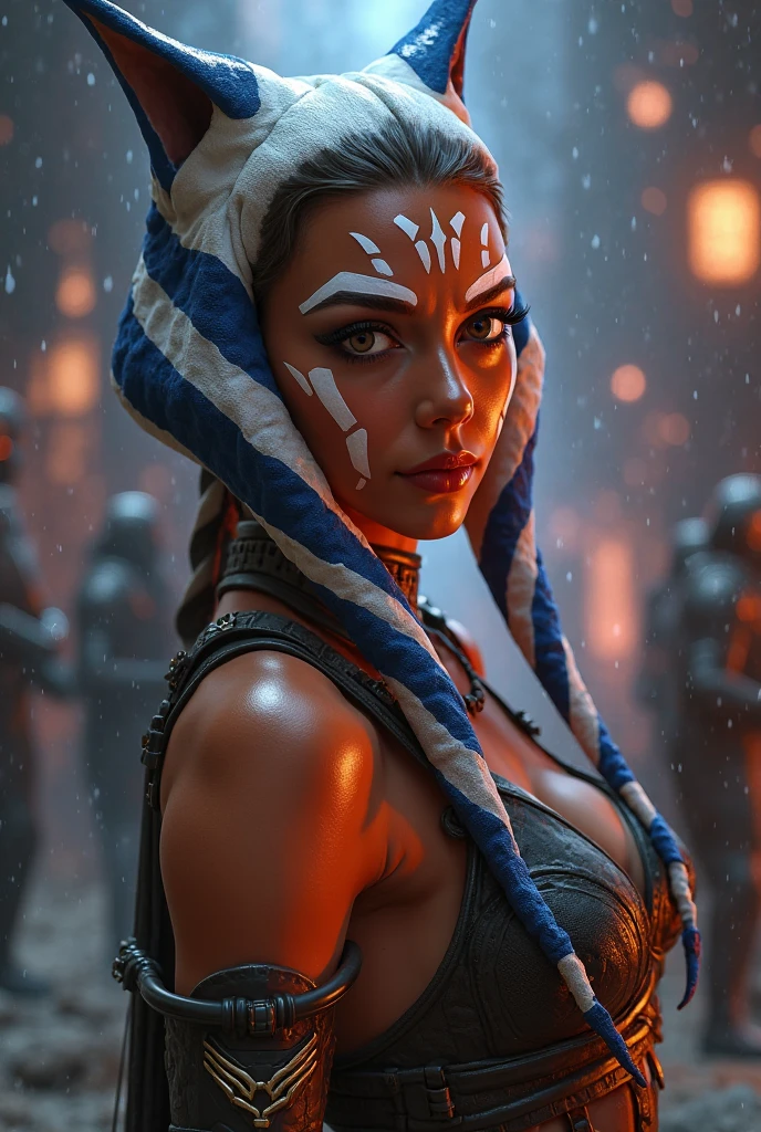 (masterpiece, best quality), 1girl, beautiful face, ahsoka_tano, orange skin, facial mark, tattoo
