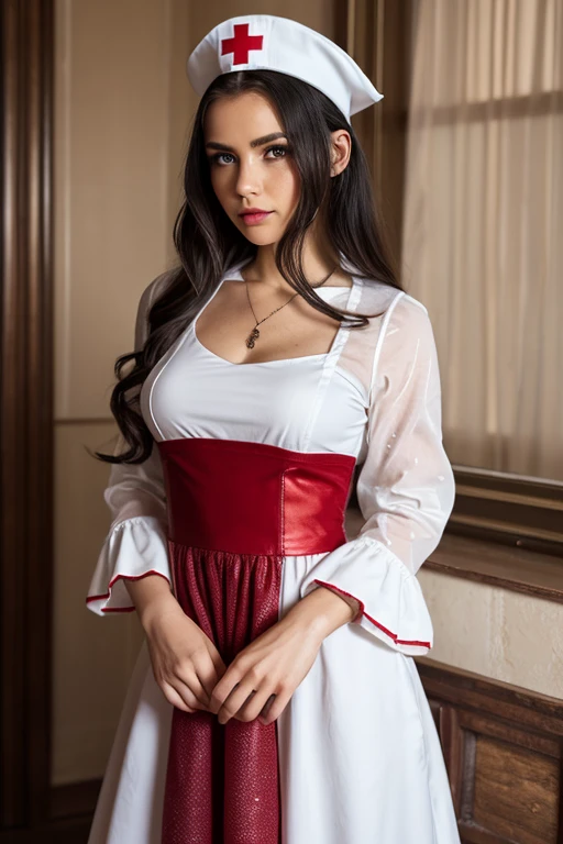 (Beautiful young female (perfect face) demon), (Alyssa Sutherland:0.3), small horns, tail, playful smile, naughty action, (facing camera:1.3), pale skin, (skin texture:1.1), black hair, (classic French maid white blouse:1.2), wreathed in fire, (crimson and gold eyes:1.4), fit athletic body, flaming room of HELL castle on background,, (masterpiece), (photorealistic:1.4), RAW photo, best quality, high res, rich colors, backlight, bright sunlight, cinematic lighting, film grain, raw photo, 50mm lens, Nikon D850, warm colors
