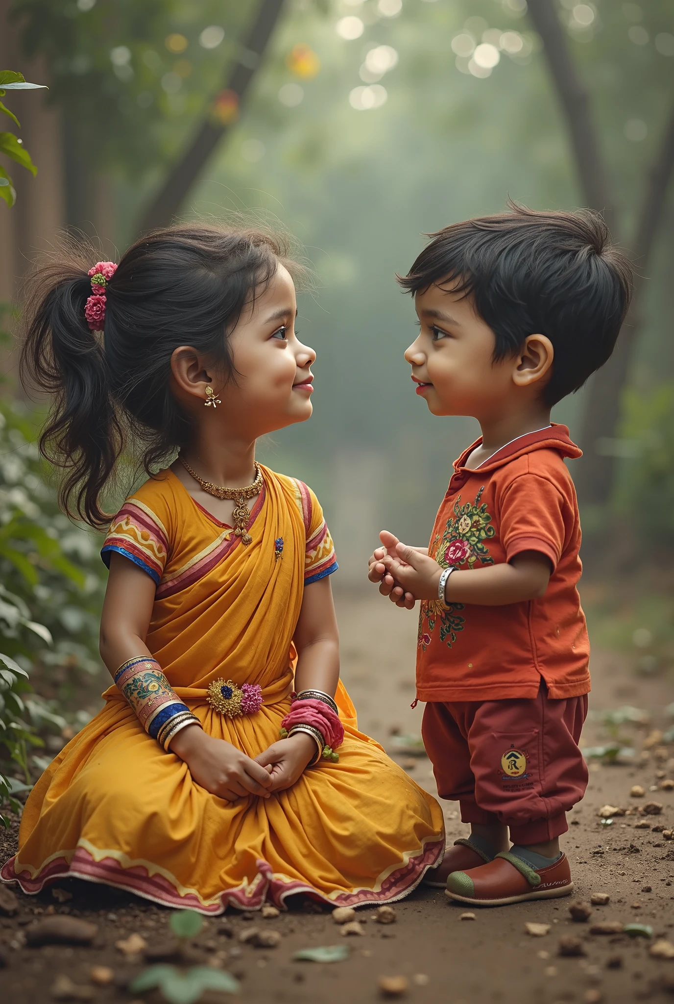 A boy and a girl sitting on the side of river.The boy hold the hand of the girl. The wear panjabi and the girl wear saree. The boy click the picture of the girl.