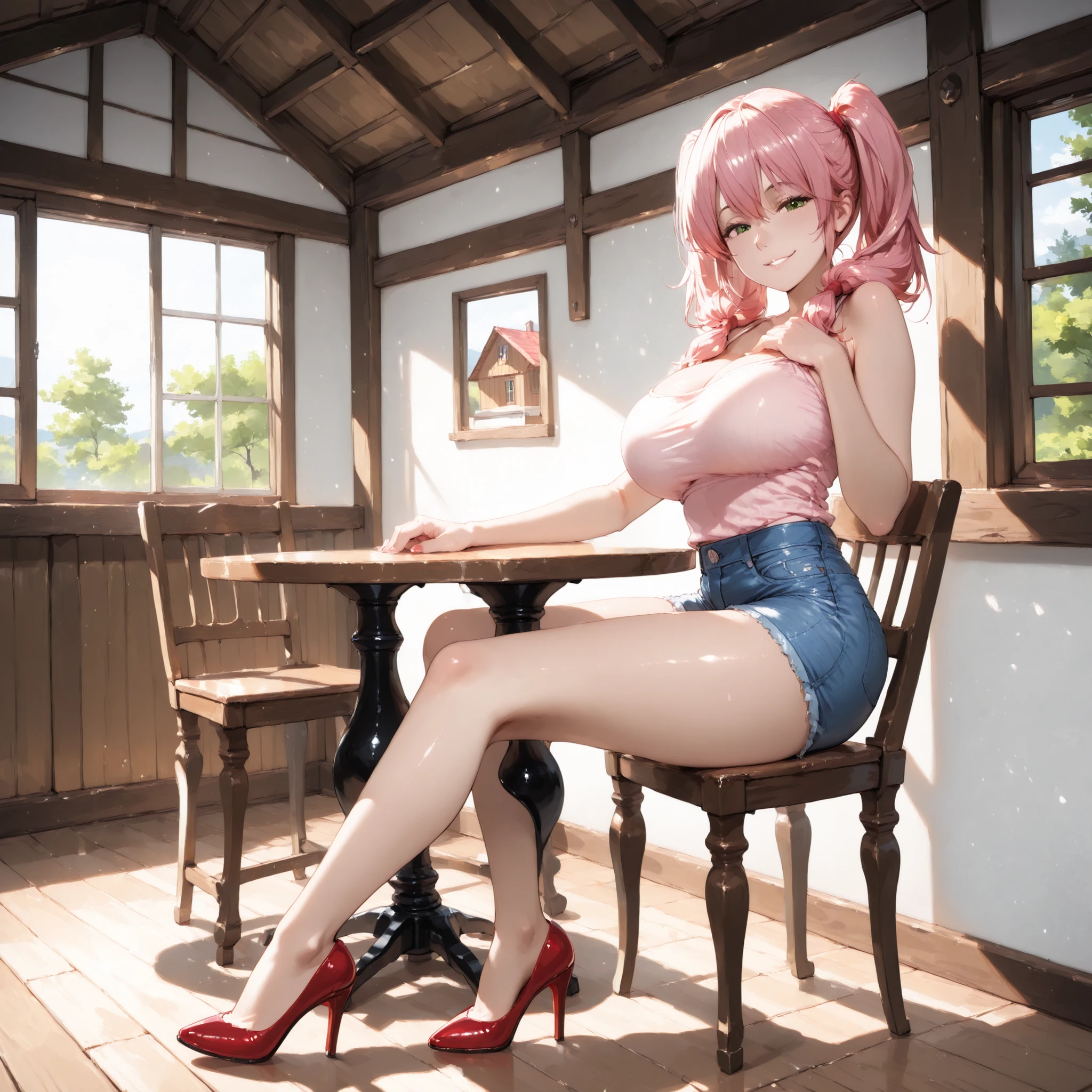 (Masterpiece, high quality, best quality, vibrant lighting, absurdres, masterful colouring, detailed_eyes:1.3, perfect shadows), 1girl, voluptuous body, hugh breast, long legs, green eyes, long pink hair in twin tails, short jeans, blue crock top, red heels, wooden house in the woods, open windows, at the table, on a chair, seductive smile, side view, cinematic sceene