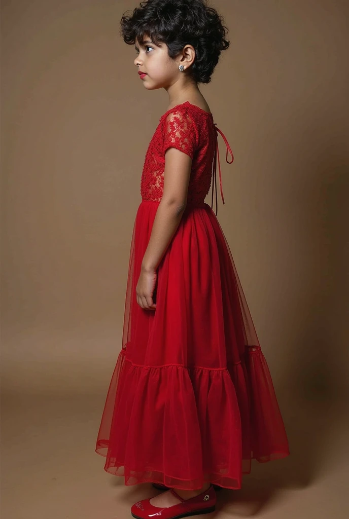 9 year old girl, blonde hair, wearing a red lace cute dress, in a living room,