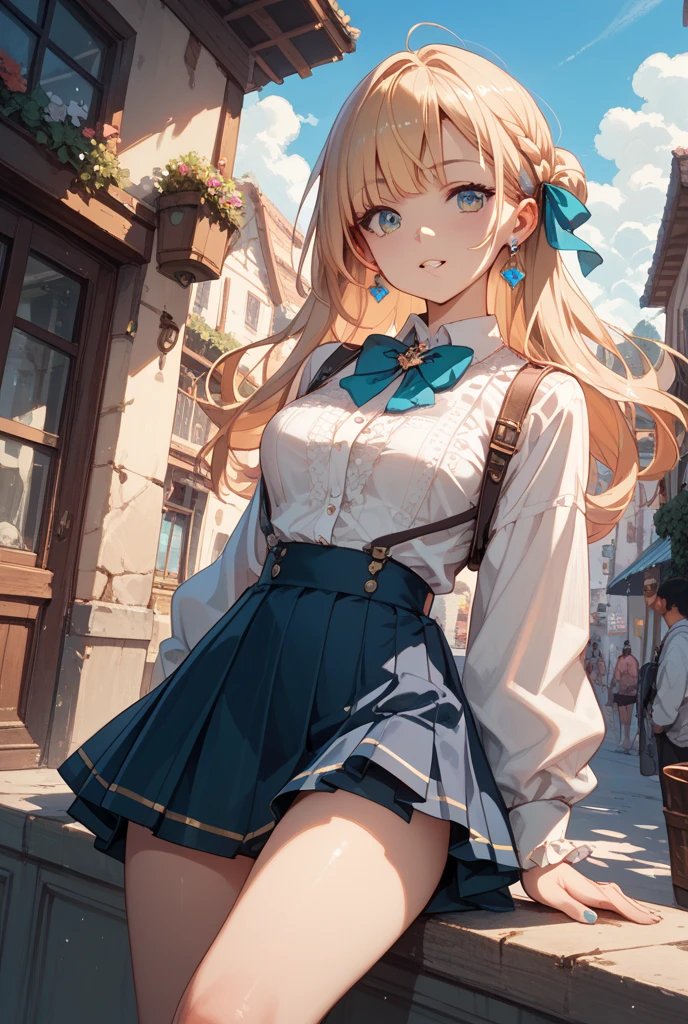 1girl, masterpiece, best quality, absurdres,  long hair,(shiny skin:1.1), (show off underwear:1.3), from below, close up nether region , white underwear, skirt,Stylish panties、Stylish uniforms,Twin tails、Curly hair,Ultra low angle,Backlight,Shiny Hair,Stylish accessories,