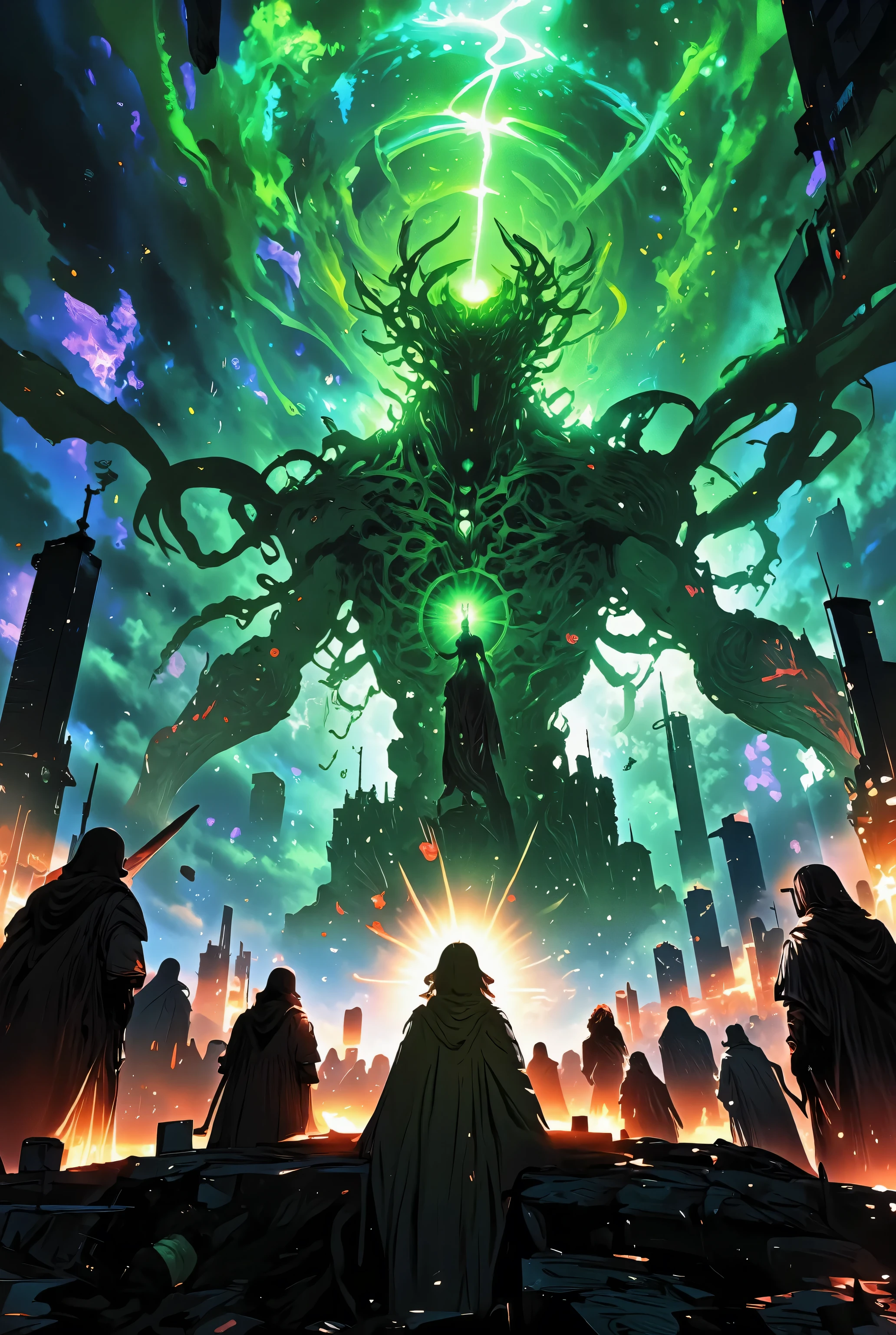 The giant monster looms over the mega city, The giant monster has an octopus-like head, countless tentacles growing from its mouth, bat wings growing from its back, its entire body is green, The monster is Cthulhu, The worshipers are singing at the monster's feet, The image of the musical notes of the worshippers' songs surround them, The image of the musical notes are rising to the sky, The background is a dark sky, Lightning is running, The composition is fisheye perspective, The composition is from the feet up, 高精度, 超精密ディティール, 8K, mysterious graphic,