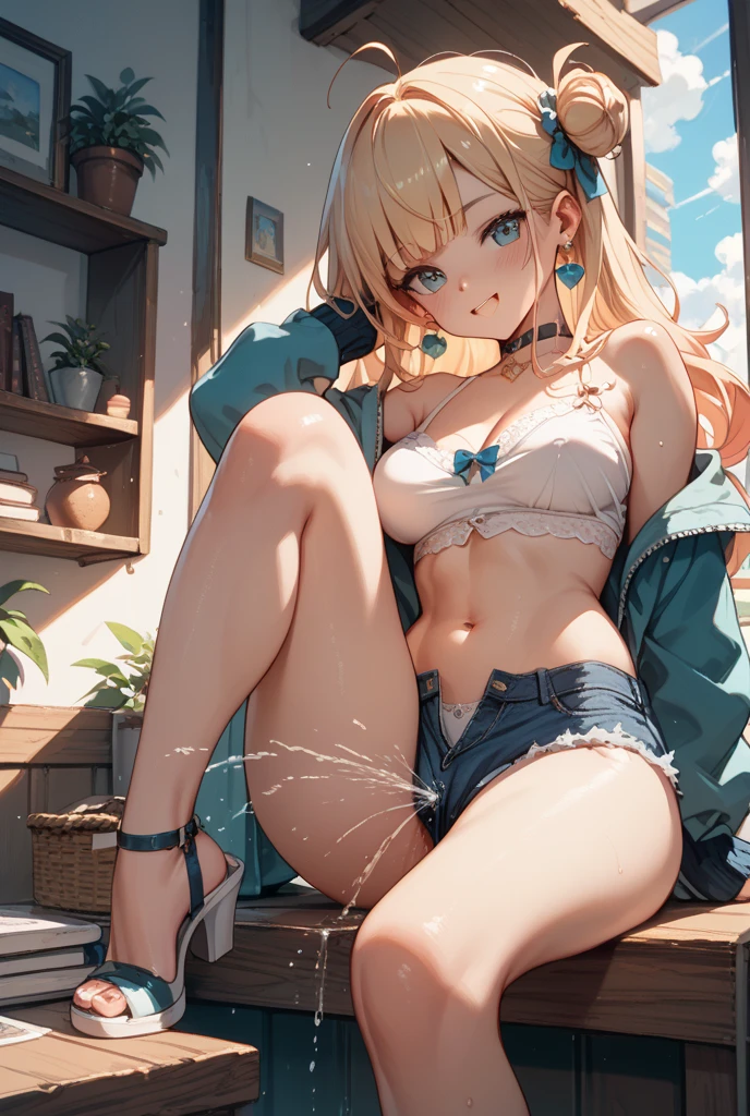 Texture CG, ((Ultra Detail Art)), ((master piece)), (extremely details CG),1girl,solo,(nsfw:1.2), school gal ,school gyaru ,naughty gyaru,((((school unifrom))),skirt ,(((pleated micro skirt)))),(white shirt),(spread legs cheering with sexy pose), beautiful legs,beautiful breasts,slim legs,slim thighs,slim waiist,slim buttocks,(pussy visible through ass from below),(panty shot),(wind lift), (tiny miniature microbikini),(see through white bikini),(clitpussy1,pussy peek,microbikini wedged in vulva,clitoris slip,very lowleg),long hair, blonde hair, brown hair, pink hair, silver hair, Curve, Beautiful detailed eyes , gleaming skin, bracelet, ,hair ornament, hairclip, jewelry, open mouth ,light smile, embarrassed:1.4,