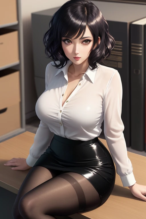 Girl, smile, red lips, shorts hair, black hair colors, big nose, big tits, fair skin, office clothes, white underwear clothes colors, navy outerwear colors, black tie colors, black stocking colors, Sit down pose, sexy body, sexy girl, sexy pose, elegant pose, beautiful girl, in room, realistic