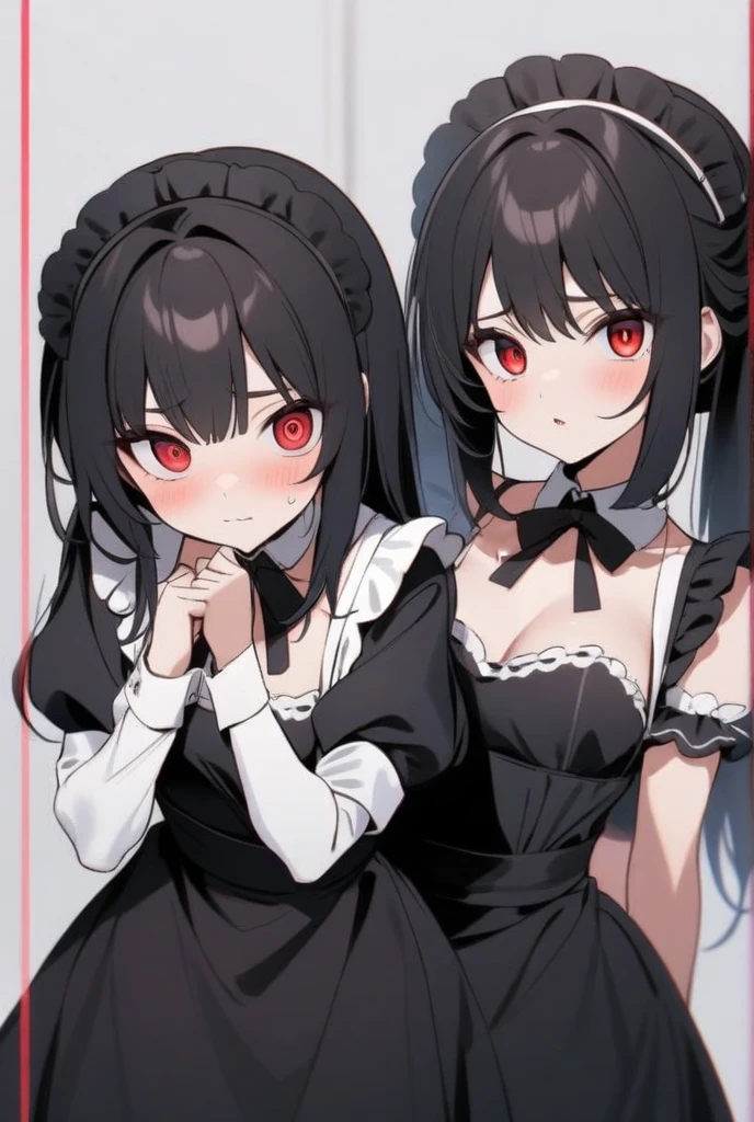 Rivertsukatsuki, River, black hair, (red eyes:1.5), hair ornament, hairclip, Halation, long hair,
、Extremely large breasts(7200)、、I can see your chest、Nipples are visible、Off-the-shoulder maid uniform、Black frill mini dress、Front facing、