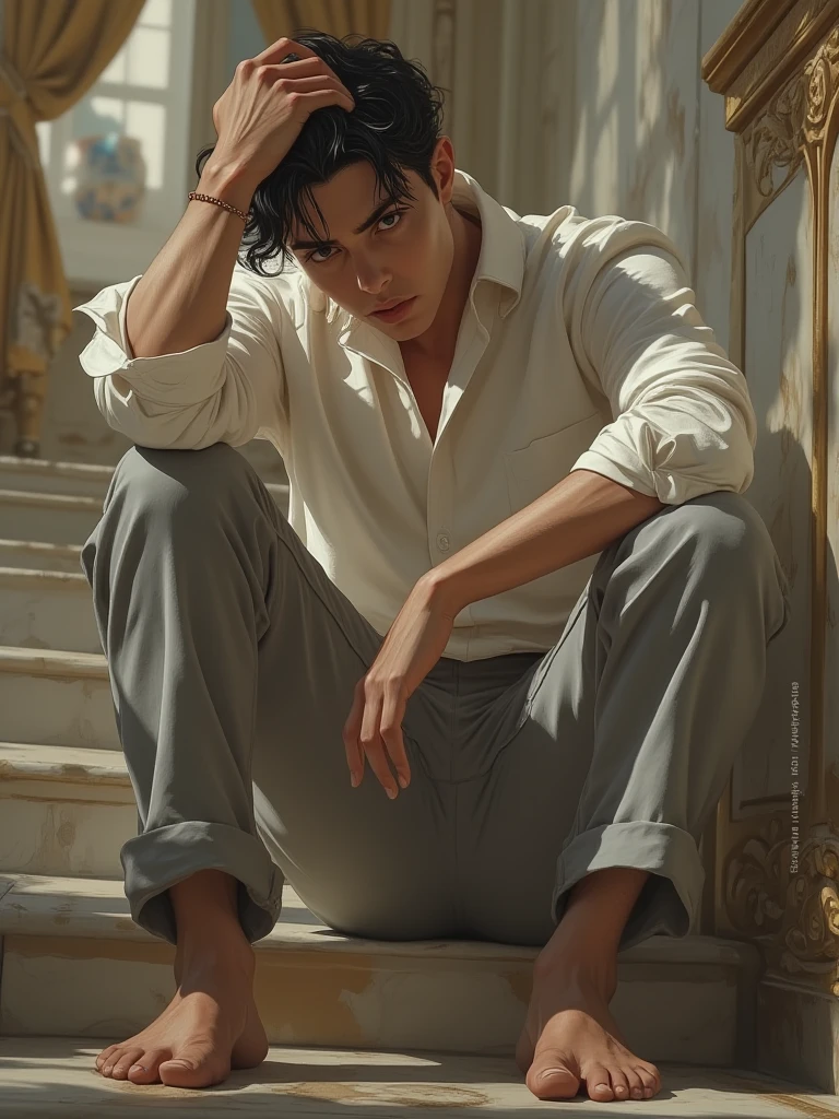 ((detailed digital art)),Estilizado,(Very high resolution ),obra-prima,best quality style,(Extremely detailed 8K CG portrait),(best digital painting),(artistic shading),stylized realistic lighting,expressive and beautiful brightness((27 anos))homem((homem))[homem], bonito, black hair,MODERN CUT, wearing pants and blouse (modern and luxurious clothes,  shades of white and gray ), barefoot, seated on the steps leading to a luxurious room , pose: Leaning forward , the arms resting on the legs, a hand going through the hair, casting a mysterious look at the spectator, the background shows a preview of the luxury room,  Luxury furniture , blurry background, viewed from a side angle, vista inferior