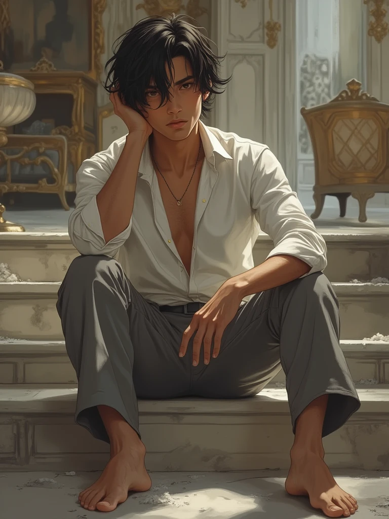((detailed digital art)),Estilizado,(Very high resolution ),obra-prima,best quality style,(Extremely detailed 8K CG portrait),(best digital painting),(artistic shading),stylized realistic lighting,expressive and beautiful brightness((27 anos))homem((homem))[homem], bonito, black hair,MODERN CUT, wearing pants and blouse (modern and luxurious clothes,  shades of white and gray ), barefoot, seated on the steps leading to a luxurious room , pose: Leaning forward , the arms resting on the legs, a hand going through the hair, casting a mysterious look at the spectator, the background shows a preview of the luxury room,  Luxury furniture , blurry background, viewed from a side angle, vista inferior
