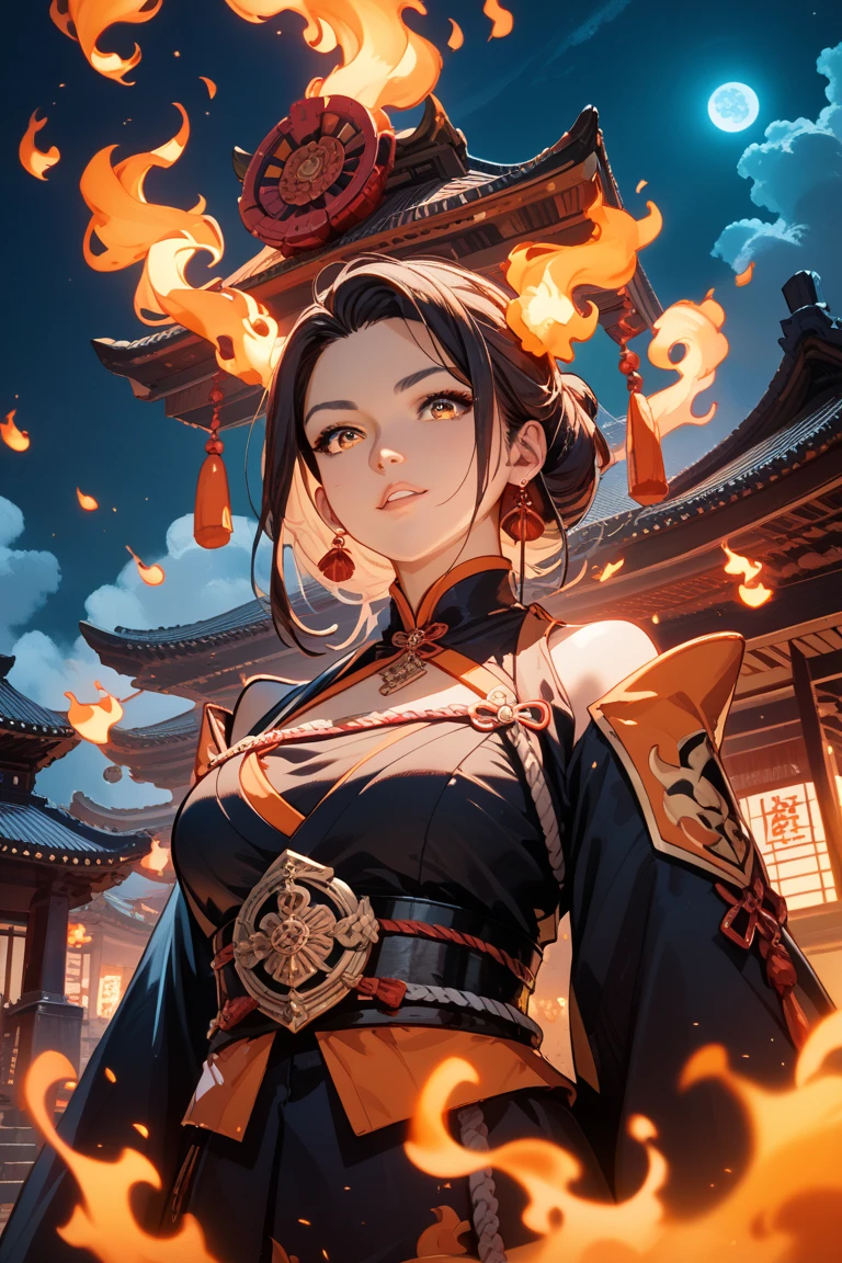 (High quality, High resolution, Fine details), Jiangshi women, detailed traditional clothing, night scene, full moon over the mountains, ancient temple in the background, (bamboo forest), (misty fog), (spooky vibes), solo, curvy women, red hair, (red lips), (glowing eyes), (Detailed eyes:1.2), (porcelain-like skin), Soft tones, subtle color tones, shallow depth of field, haunting atmosphere
