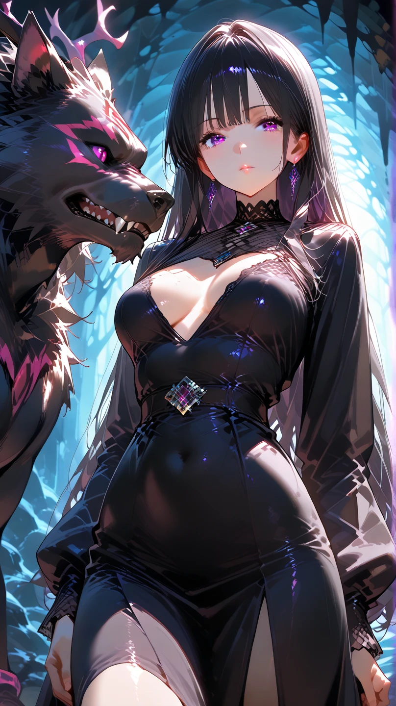 An adult woman, half wolf and dragon, black hair, black wolf ears, black dragon tail, blue eyes, has a collar with a little golden heart, very shy, wide breasts, black and purple dress, holding a sword