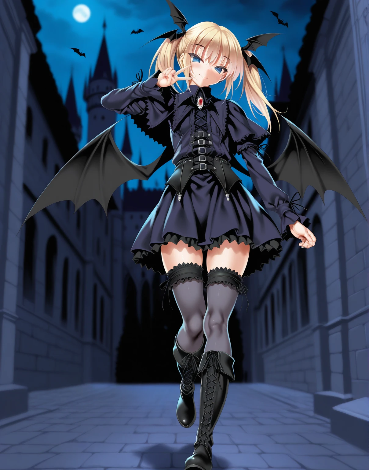 solo, 1girl, kuro, pink streaked hair, spirit trap, official alternate costume, very long hair, hair bun, double bun, pointy ears, black horns, fangs, demon tail, jewelry, eye earrings, halloween costume, brown bodysuit, bare shoulders, elbow gloves, black dress, multicolored clothes, wings, brown pantyhose, bat print, black high heel boots, standing, tongue out, tongue, looking at viewer, forest, night, full moon, outdoors, full body