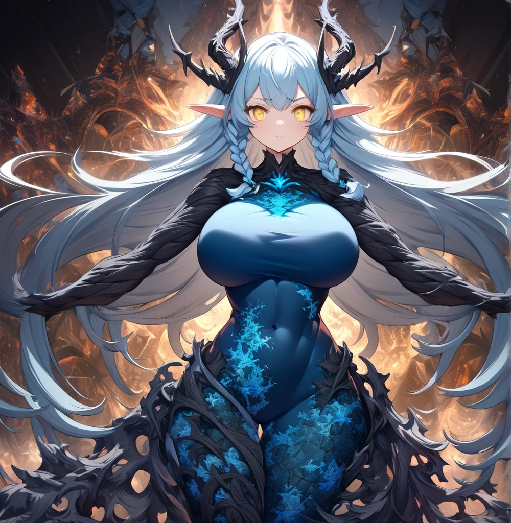 Adult woman, very long white hair, turquoise eyes, red lipstick, Chinese Dragon horns, dragon tail, claws, fire magic, water magic, lightning magic, white tight pants, green Chinese dress, long sleeves, golden elements, open breasts, open belly, wide neckline, Dragon Goddess, Masterpiece, best quality, Full HD, 8k, ultra details, great graphic