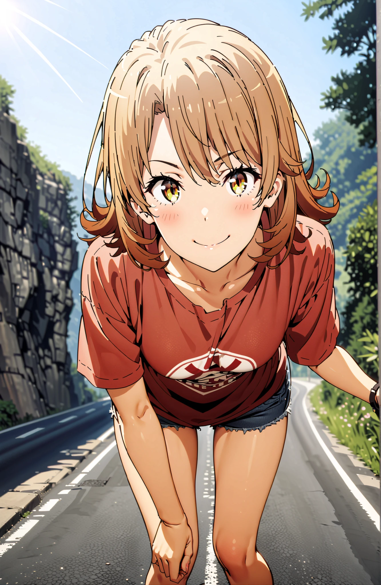 Iroha Isshiki,solo, Hair,half up do,short hair,brown eyes in the bedroom,oversized t-shirt,denim micro shorts,Bare legs,sneakers,Baseball hats,standing,bending forward,peace sign,smile,blush,grinning,Beautiful Scenery,noon,summer,,in their 40s outdoors,Coastal Road,strand,
in their 40s looking at viewer,full body,
in their 40s (masterpiece:1.2), best quality, high resolution, Unity 8Kの壁紙, ( 's art :0.8), (beautiful detailed eyes:1.6), very detailed face, perfect lighting, Highly Detailed CG, (perfect hand in h, Completed),