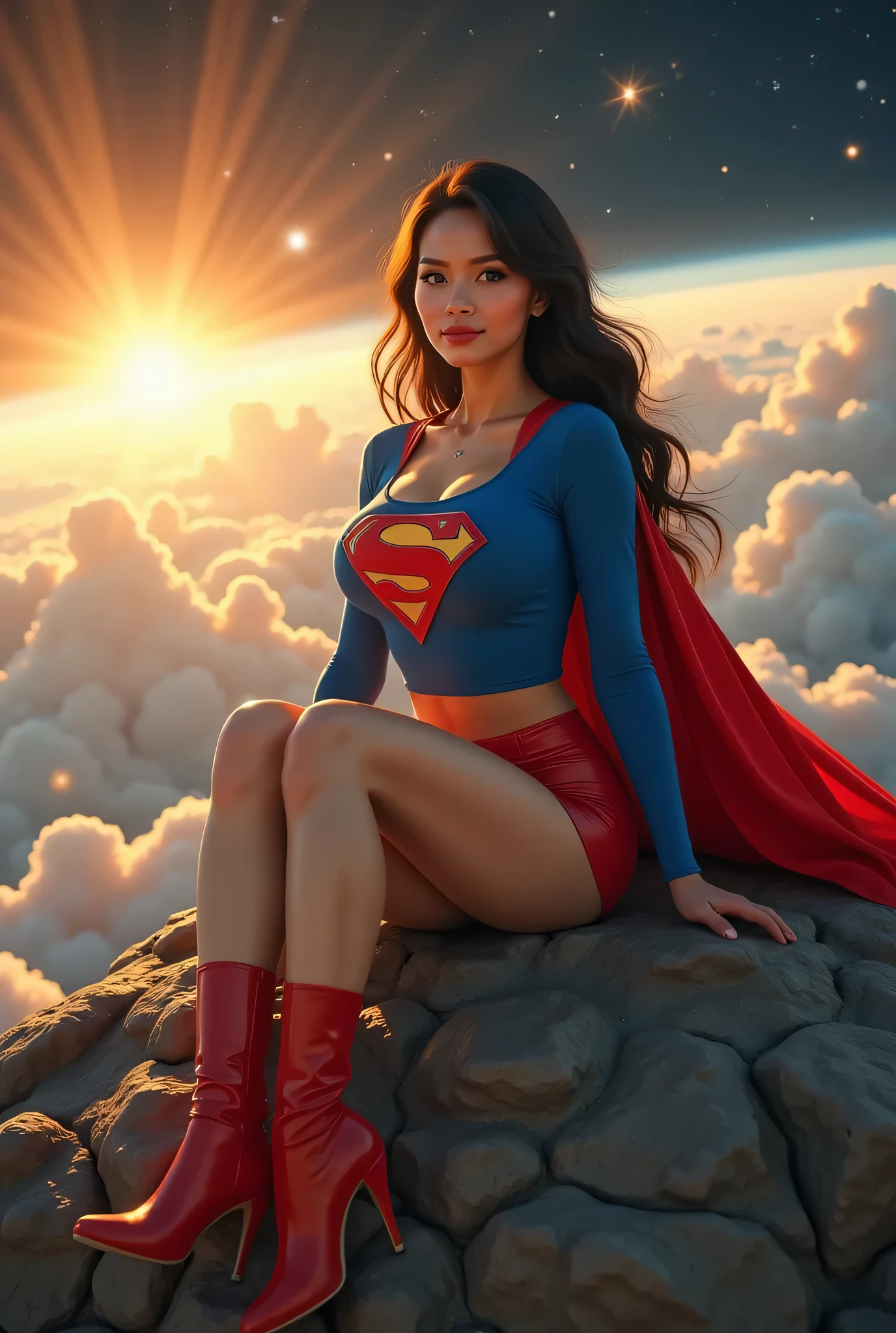pretty superwoman laying back chilling of a fluffy cloud, sunrays, global illumination, UHD, HDR, 8K, hyper details, rich colors, photograph, --auto --s2