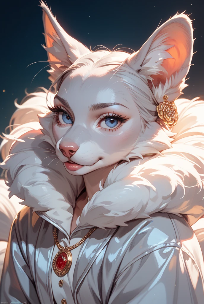 Cool girl White, unkempt, very long hair Round furry ears blue eyes Wear a fur coat off your shoulders