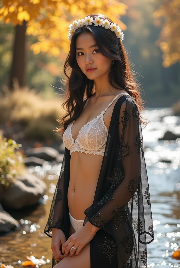 Young skinny girl,dark brown hair,Forest lake on foggy background,full body Esbian,long legged,Beautiful body structure cover,super detailed, Impressively realistic photos,(casual hairstyle,:1.2), stunning elegant pose,Black bra,Classy and elegant clothes,Background bokeh,Goddess-like beings,